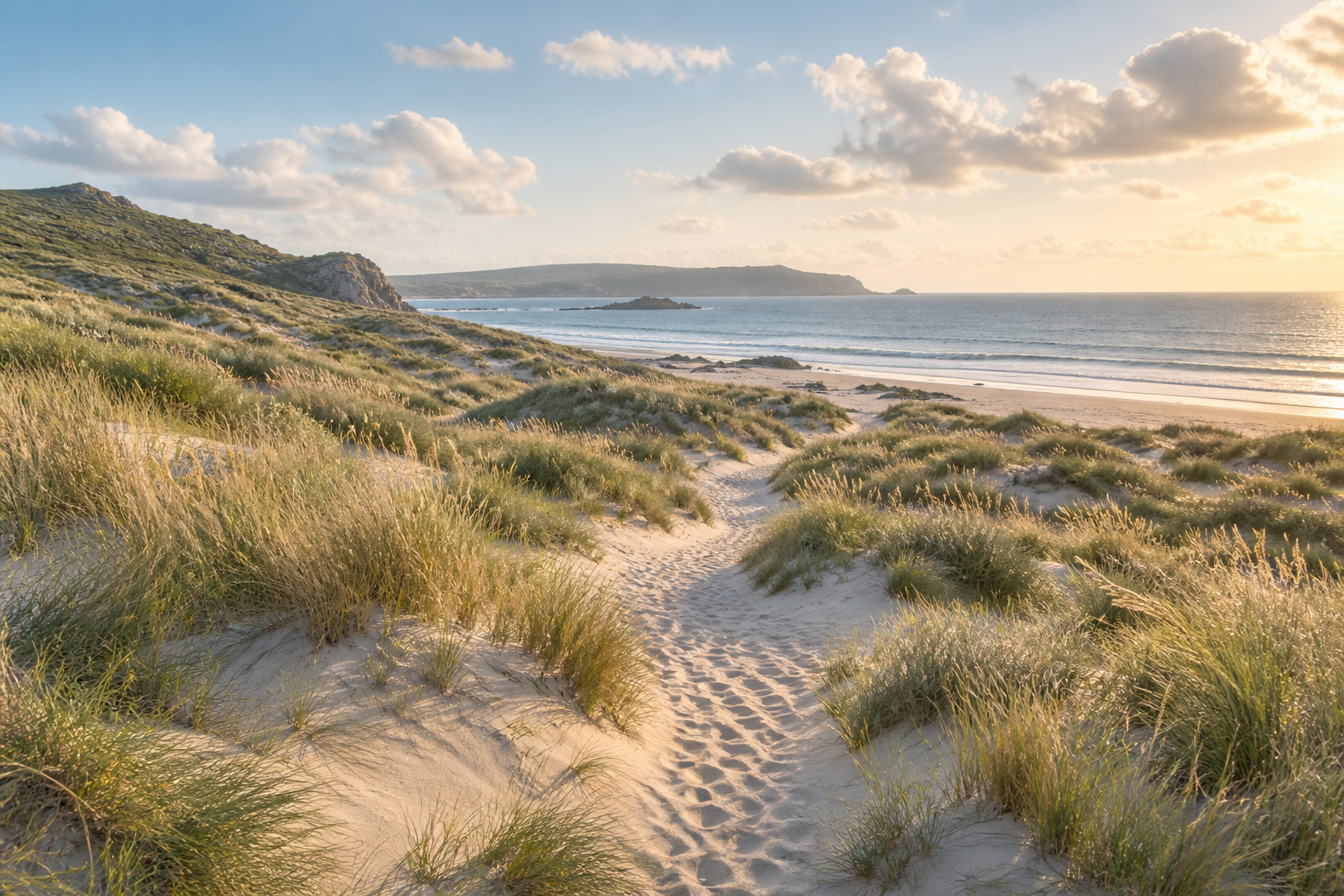 A winding path through coastal dunes beneath drifting clouds