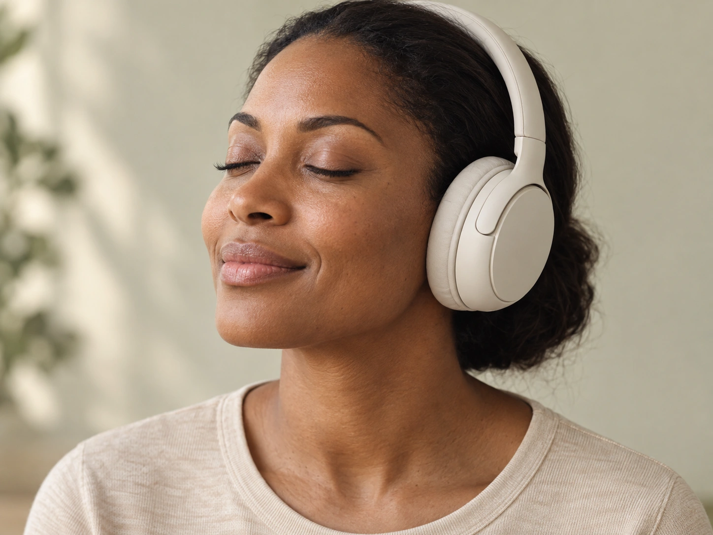 A woman taking a quiet moment with headphones and closed eyes
